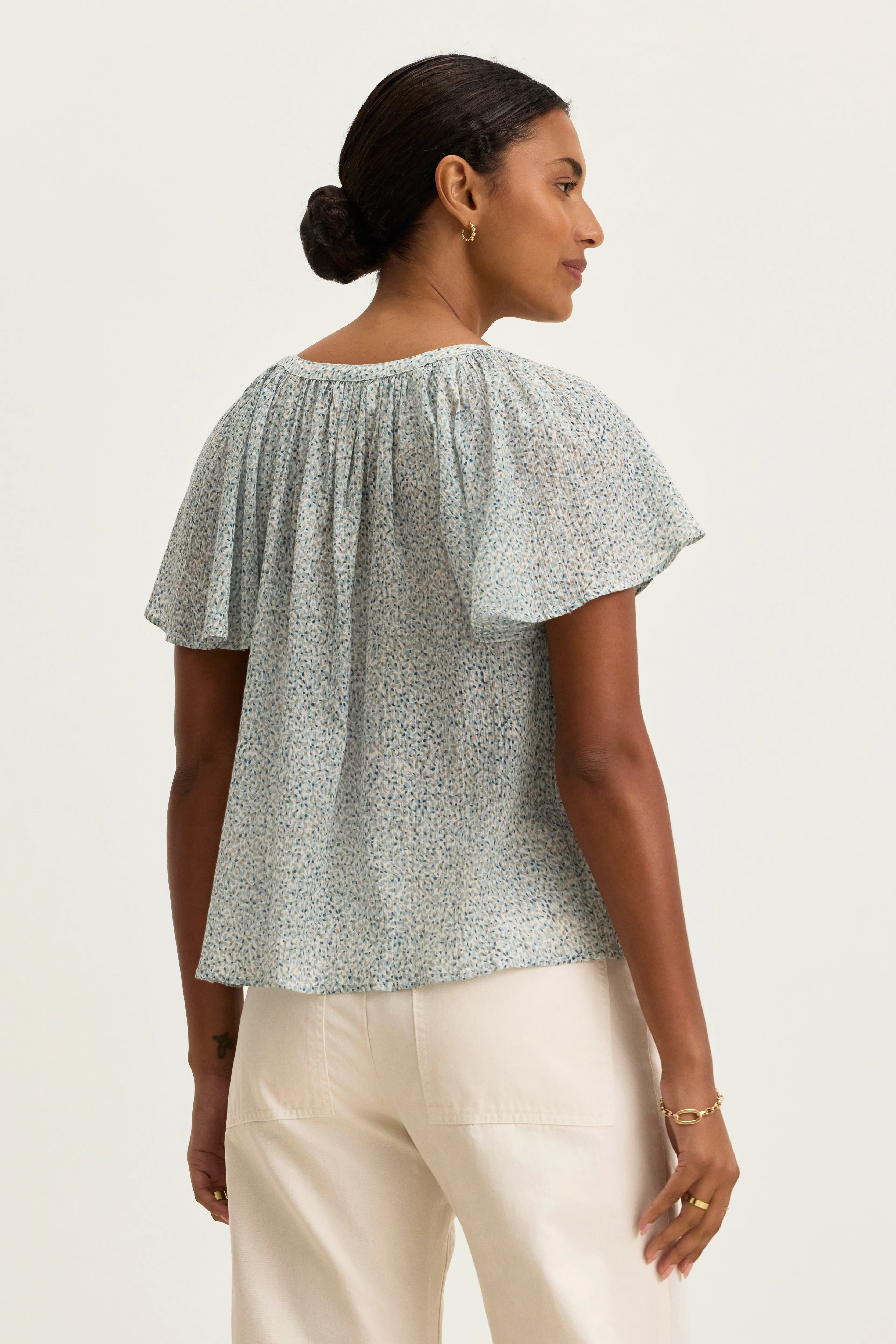 PARK PRINTED CRINKLE COTTON GAUZE TOP IN SEAFOAM - Image 3